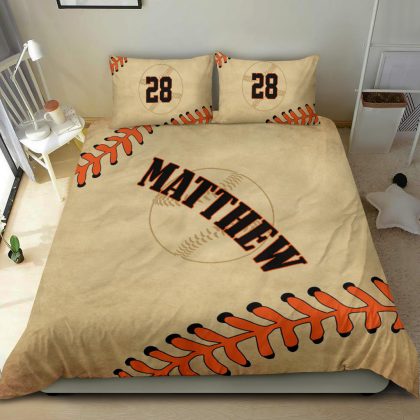 Personalized Baseball Duvet Cover Set, Baseballs Ball Player Fan Gift Vinatge Brown Duvet Custom Name Number Bedding Set