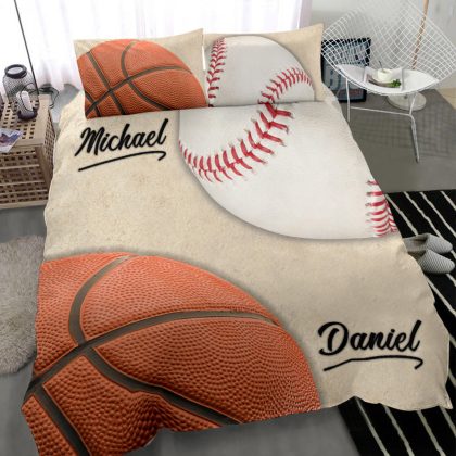 Personalized Baseball Duvet Cover Set, Basketball Baseball Ball Pattern Vintage Beige Duvet Custom Name Bedding Set