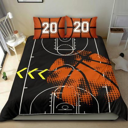 Personalized Basketball Duvet Cover Set, Basketball Field Ball Player Fan Gift Black Personalized Duvet Custom Number Bedding Set