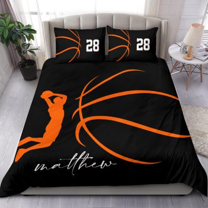 Personalized Basketball Duvet Cover Set, Basketball Paler Posing Gift Simple Black Duvet Custom Name Number Bedding Set