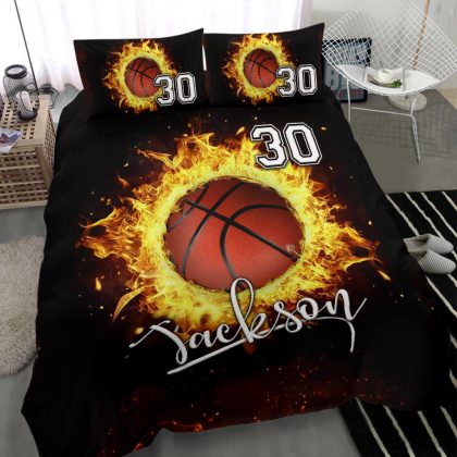 Personalized Basketball Duvet Cover Set, Fire Basketball Ball Player Fan Gift Black Duvet Custom Name Number Bedding Set