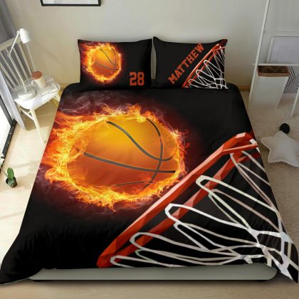 Personalized Basketball Duvet Cover Set, Fire Basketball Player Fan Gift Black Duvet Custom Name Number Bedding Set