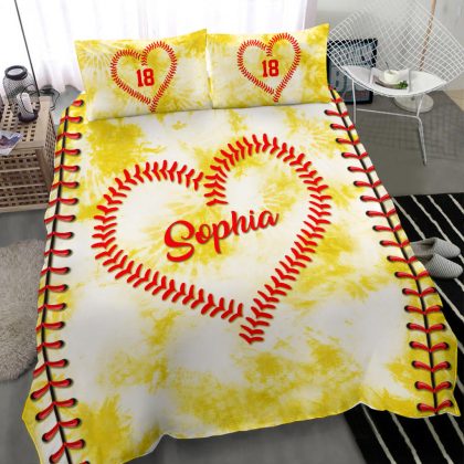 Personalized Softball Duvet Cover Set, Softball Lace Yellow Tie Dyes Heart Girl Duvet Custom Name Number Bedding Set